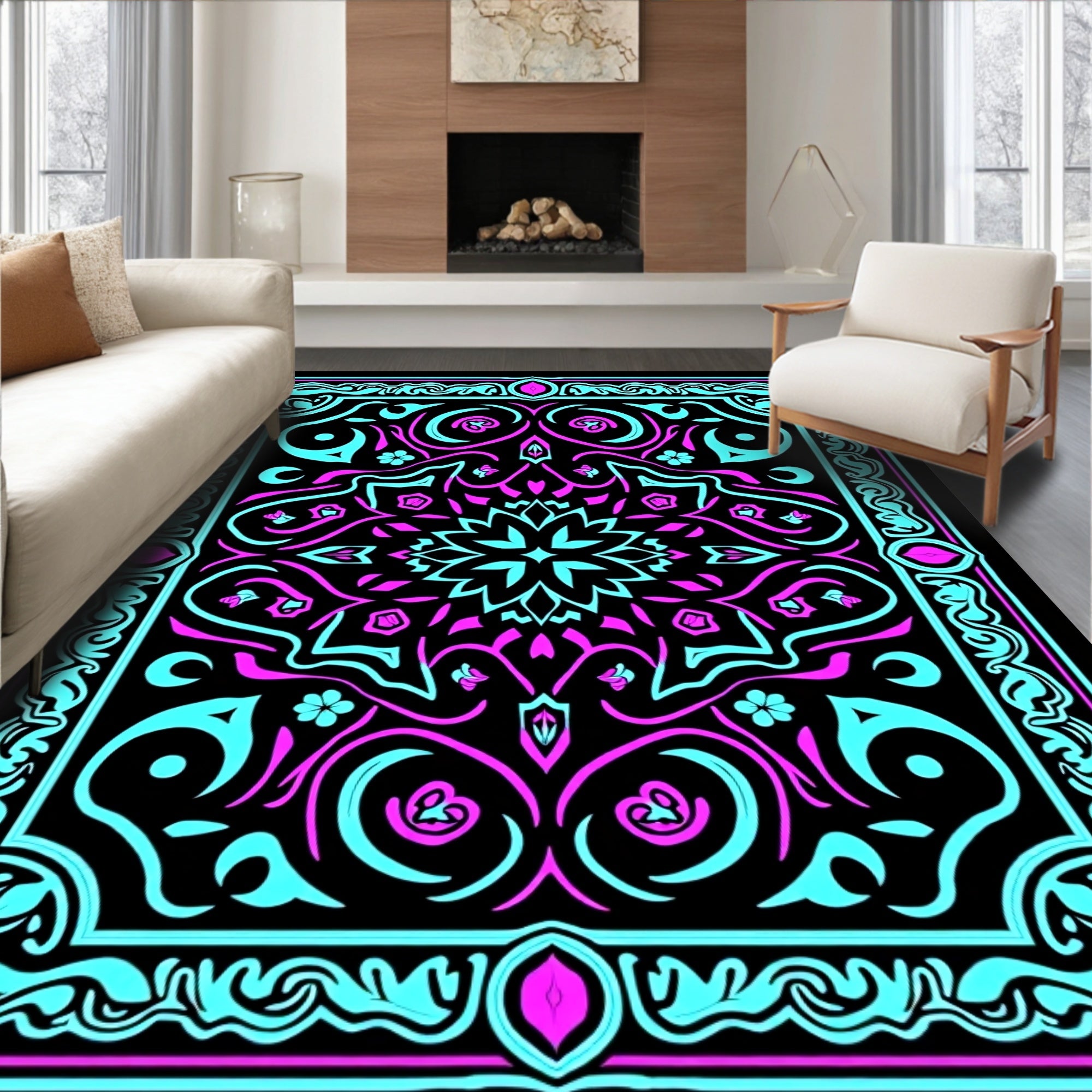 Retro Teal Pink Floral Mandala Rug
