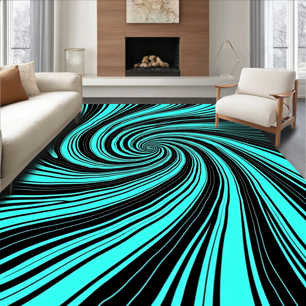 Aqua Black Swirl Hypnotic Rug