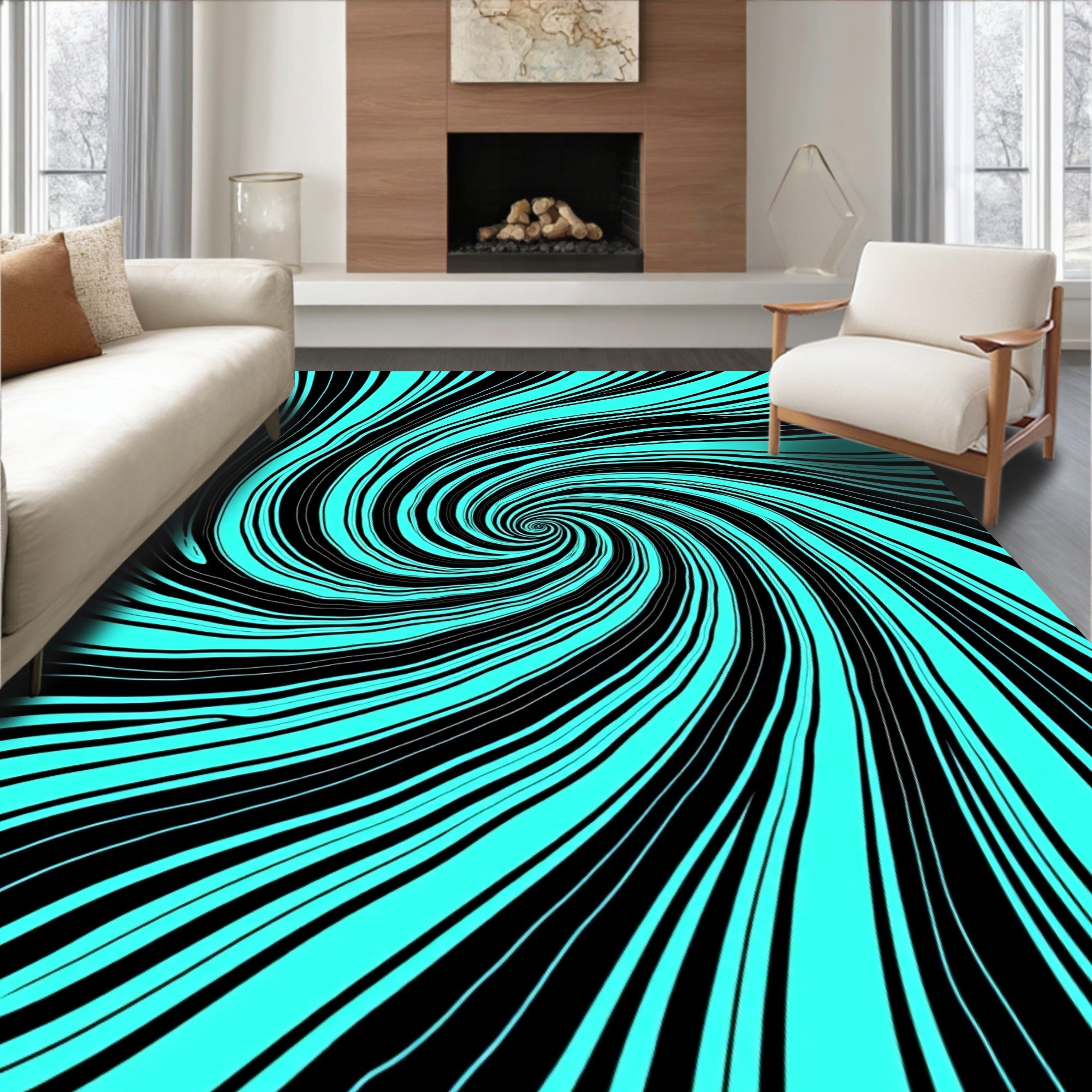 Aqua Black Swirl Hypnotic Rug