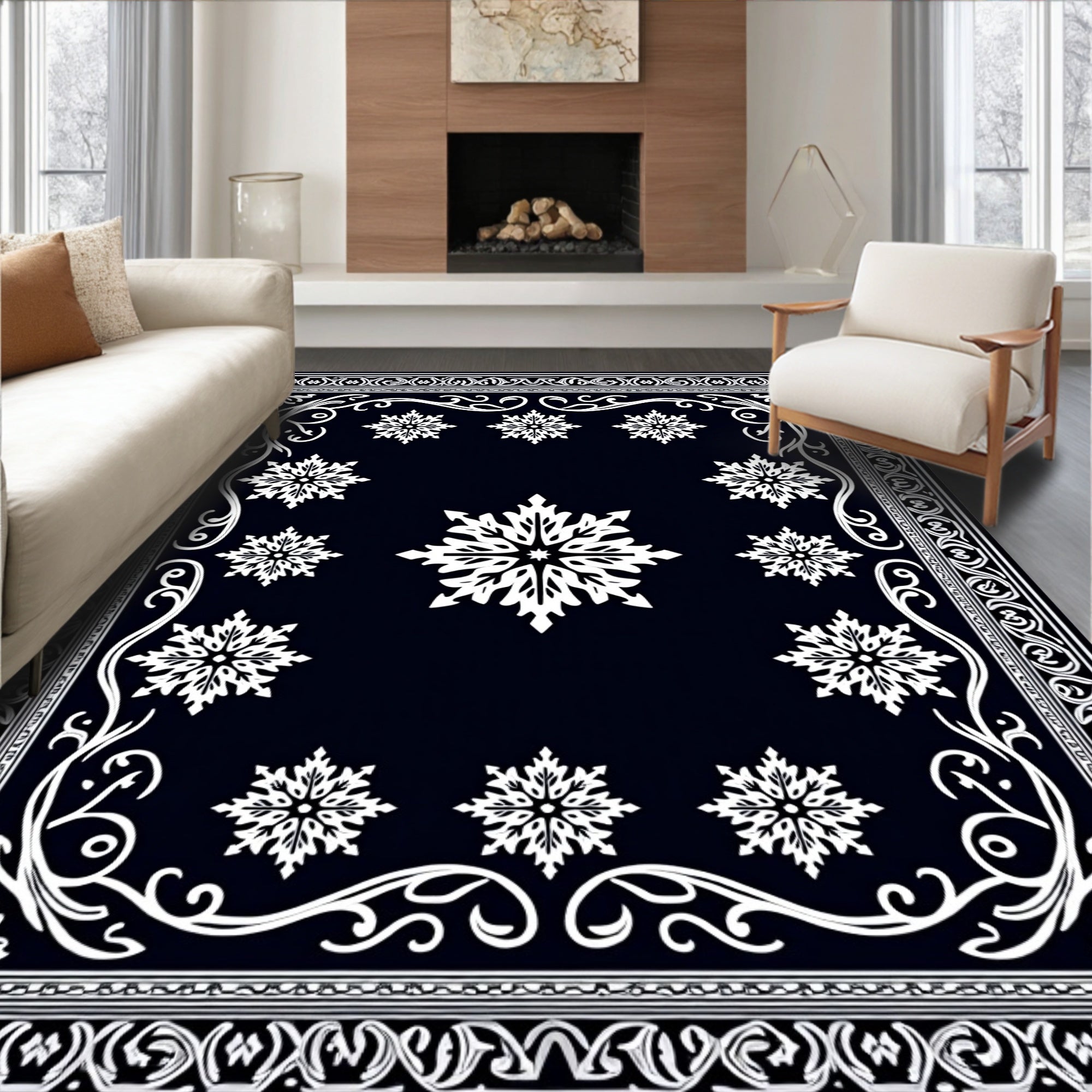 Dark Blue Snowflake Scroll Border Rug