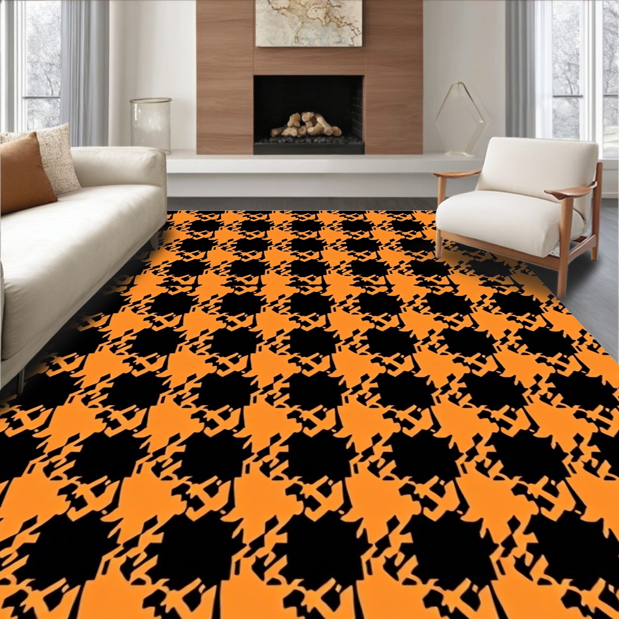 Orange Black Houndstooth Checkered Wrap Rug