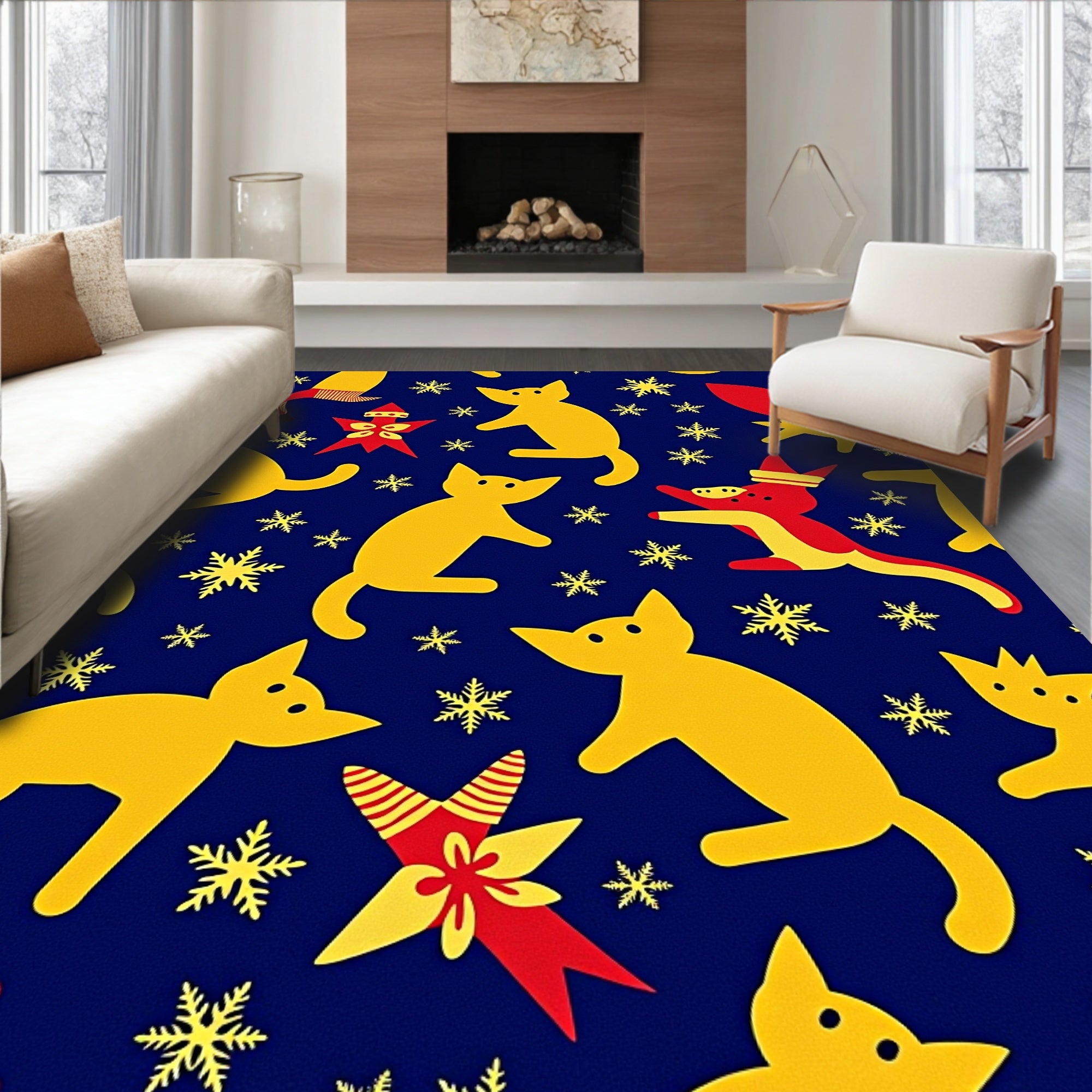 Yellow Cats Snowflakes Red Stars Navy Rug