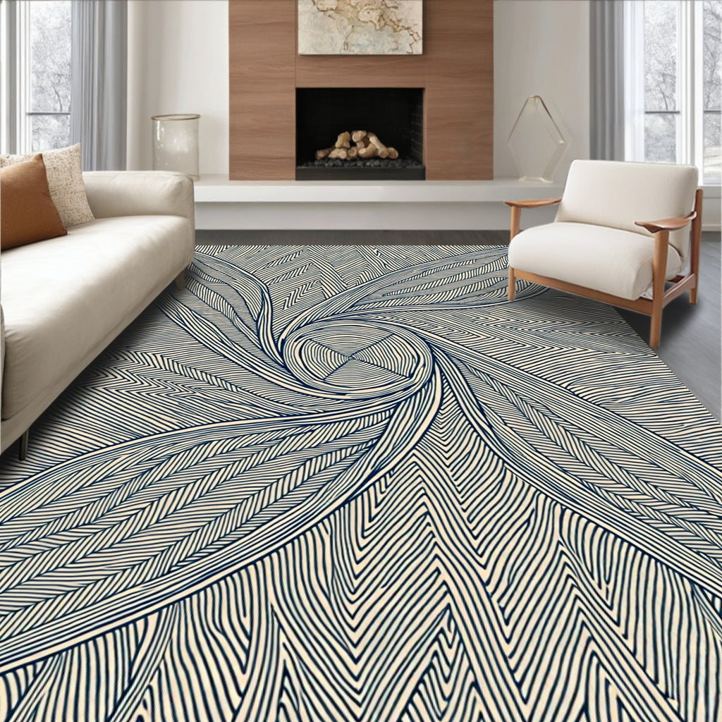 Dark Blue Leafy Swirl Abstract Rug