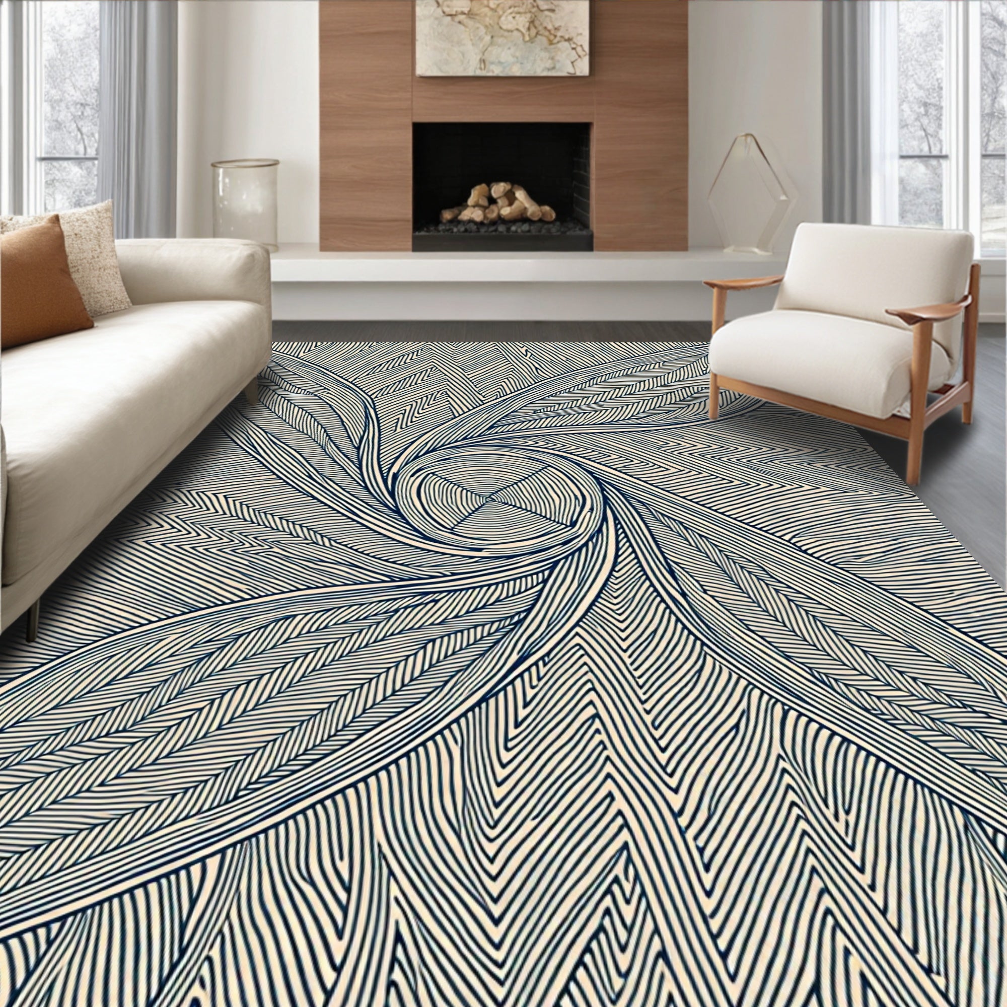 Dark Blue Leafy Swirl Abstract Rug