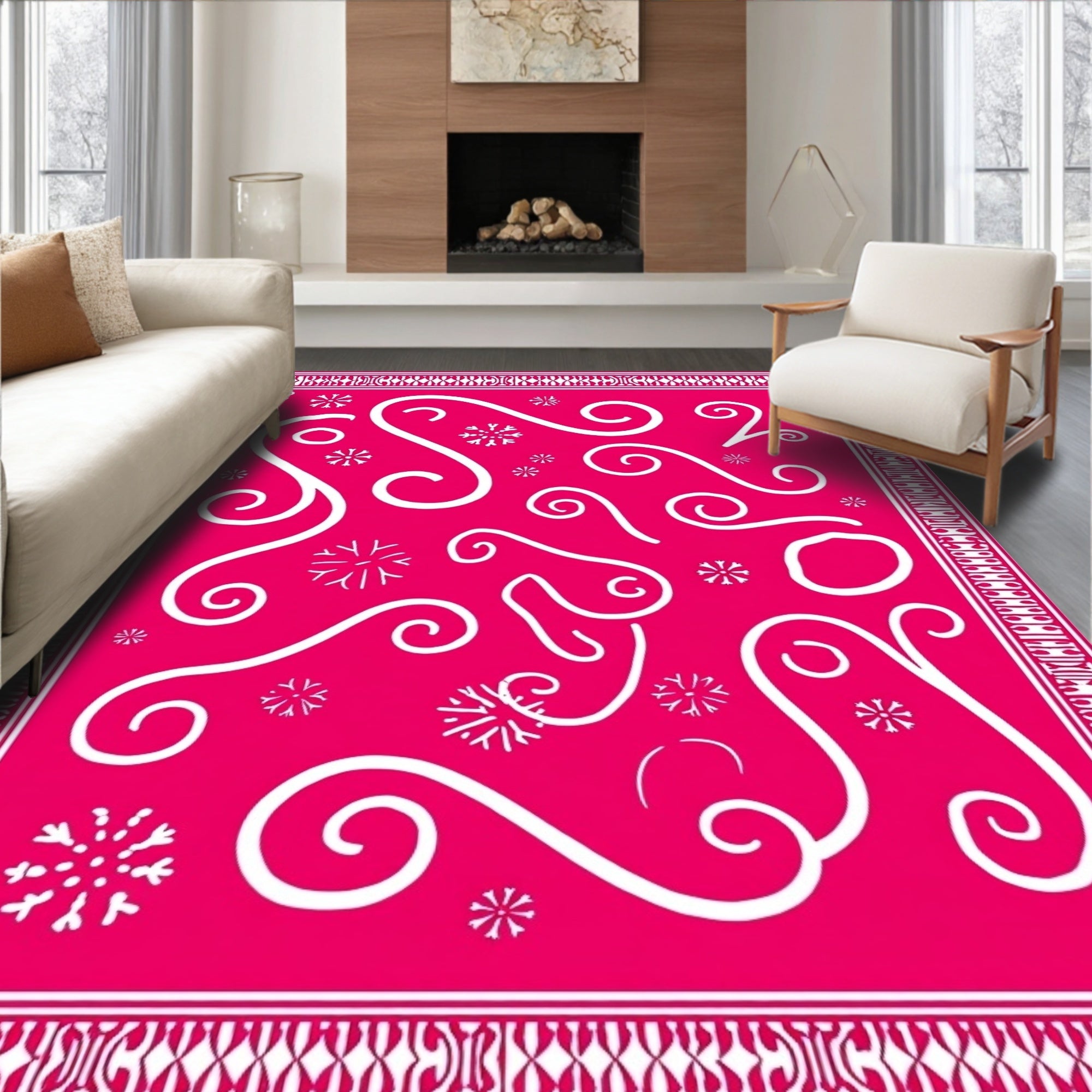 Hot Pink Swirl Snowflakes Border Rug