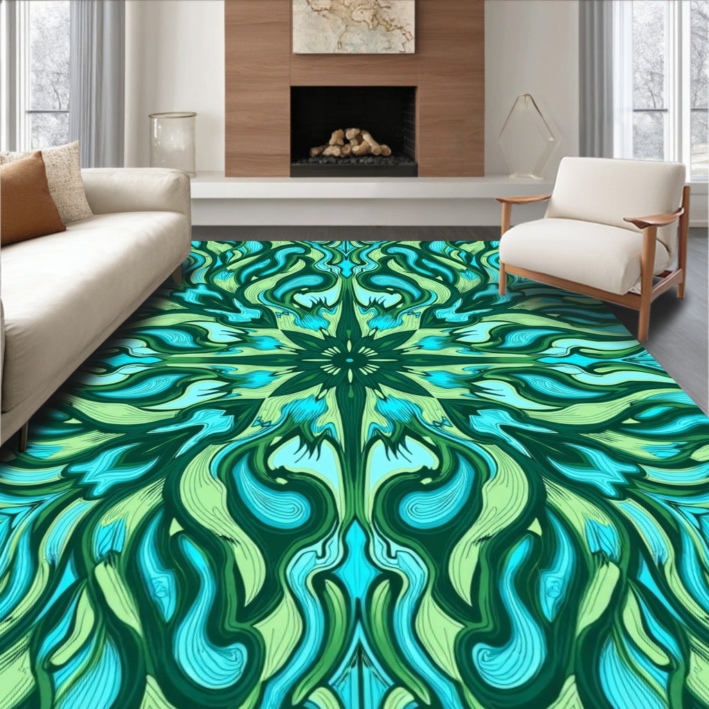 Deep Teal Emerald Swirls Medallion Rug
