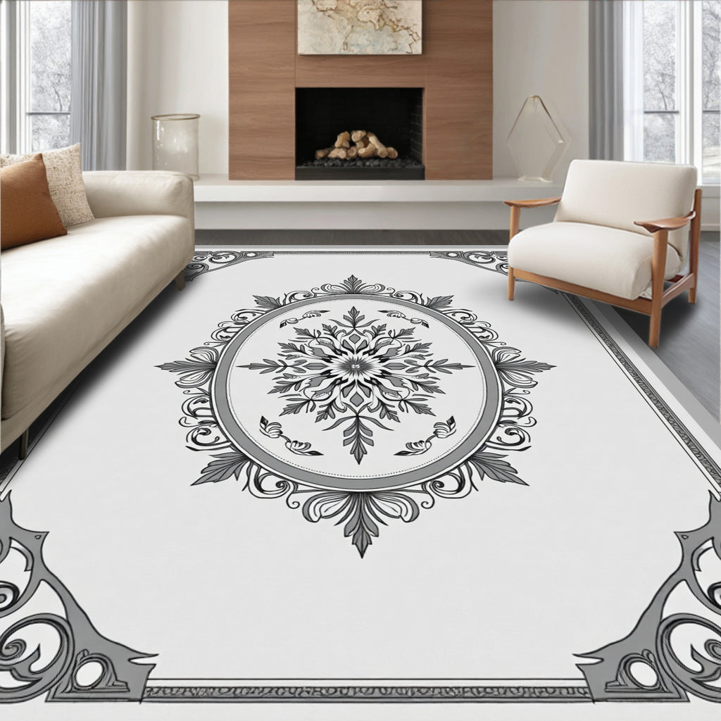 Ornate Gray Floral Medallion Border Rug