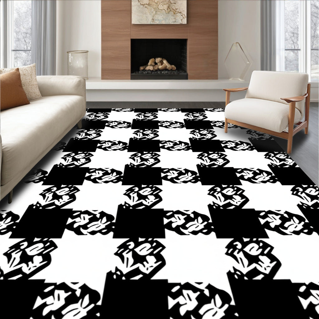 Black White Abstract Interlocking Squares Rug
