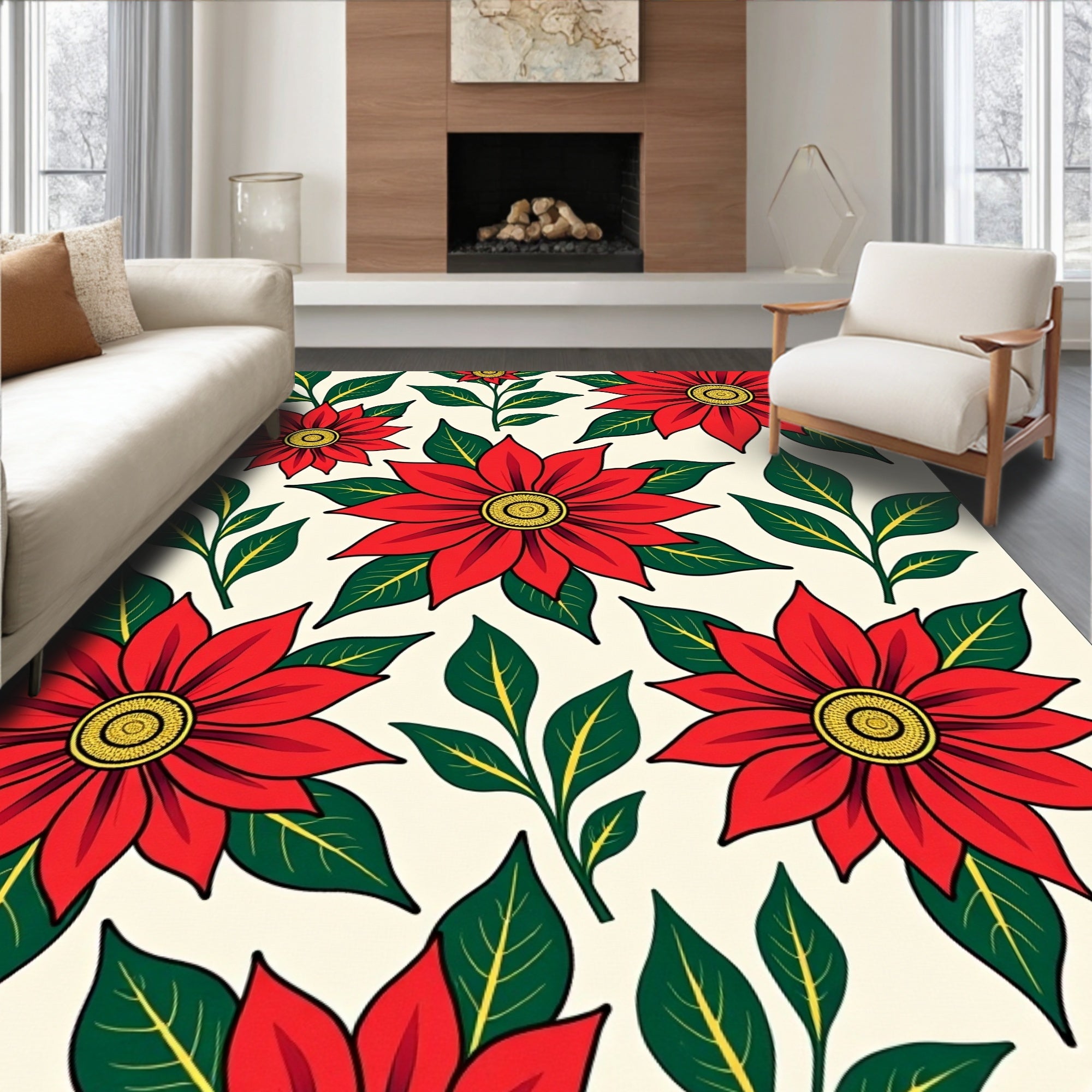 Bold Red Floral Leaf Arrangement Rug