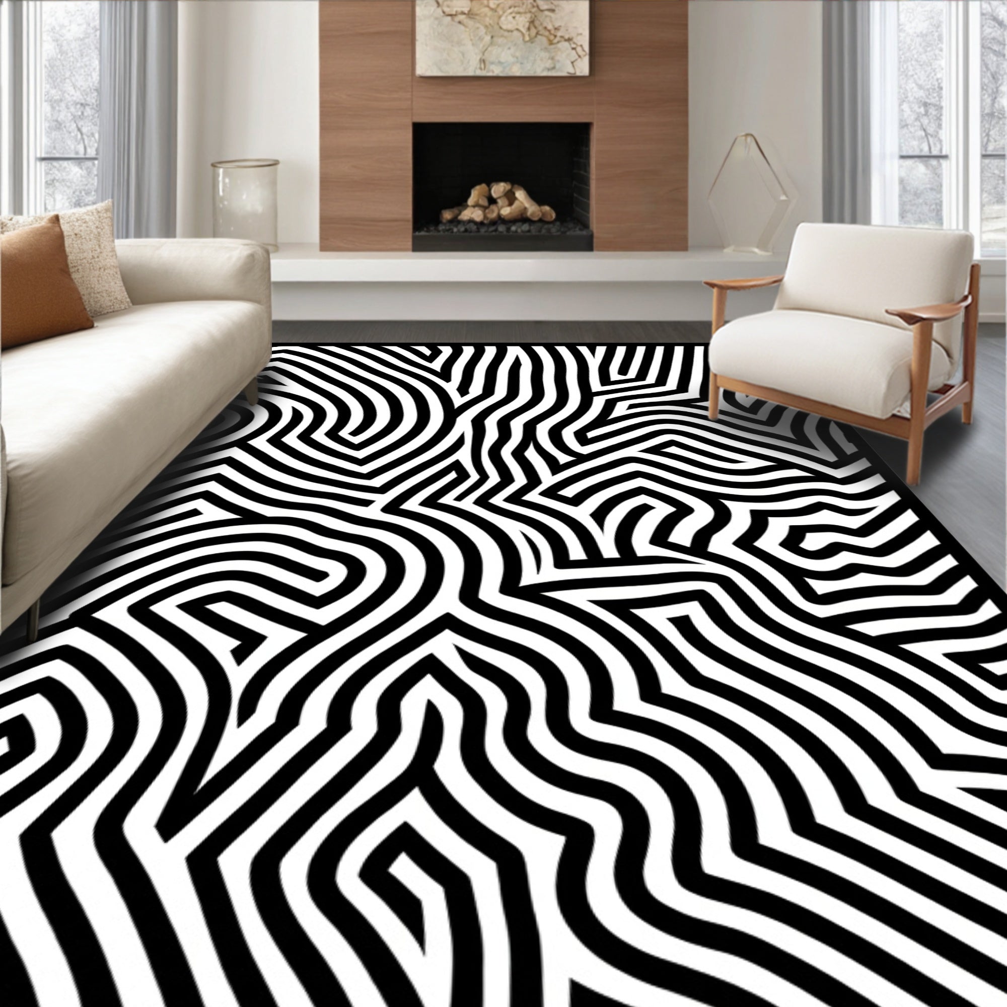 Monochrome Labyrinthine Organic Lines Rug