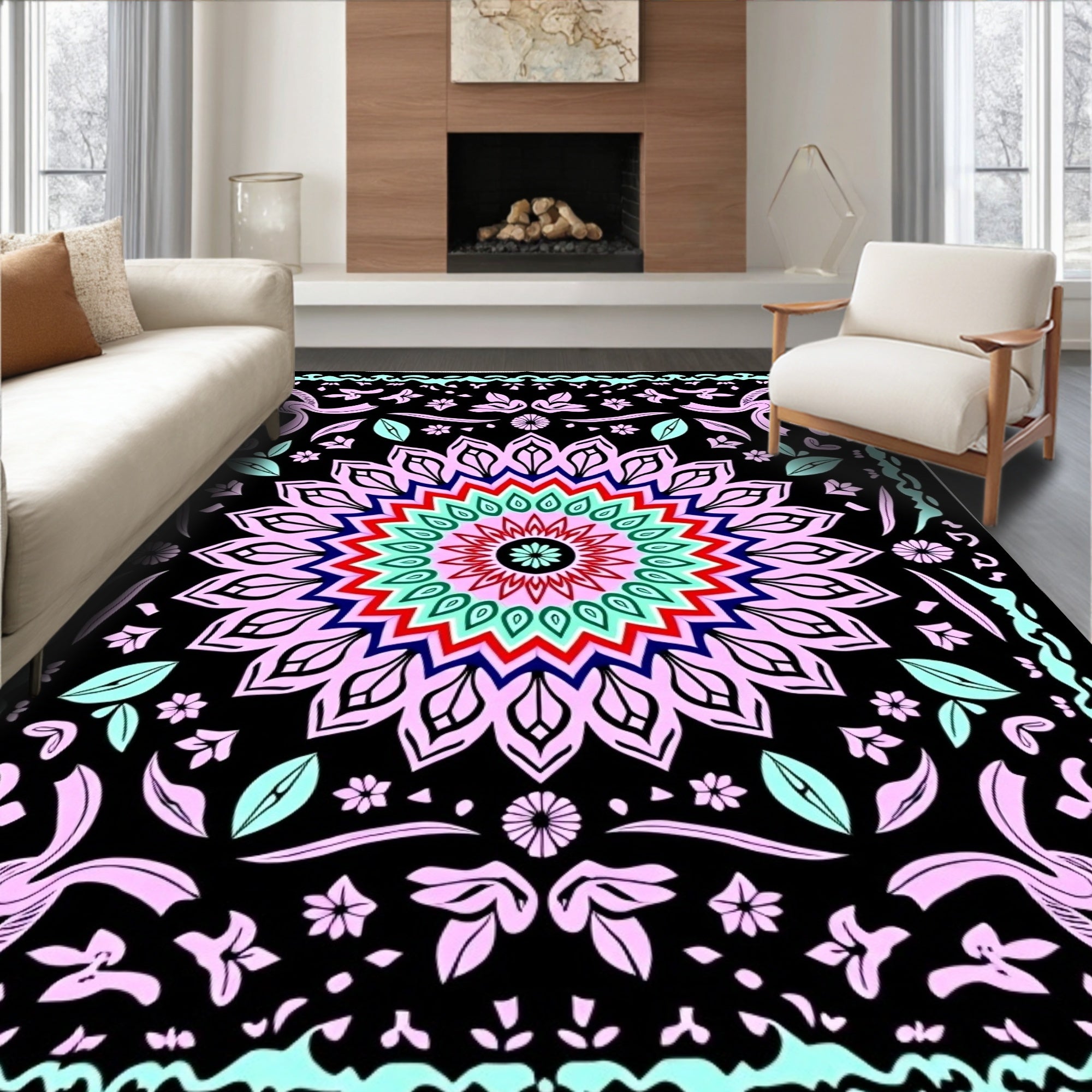 Radiant Black Mandala Flower Rug