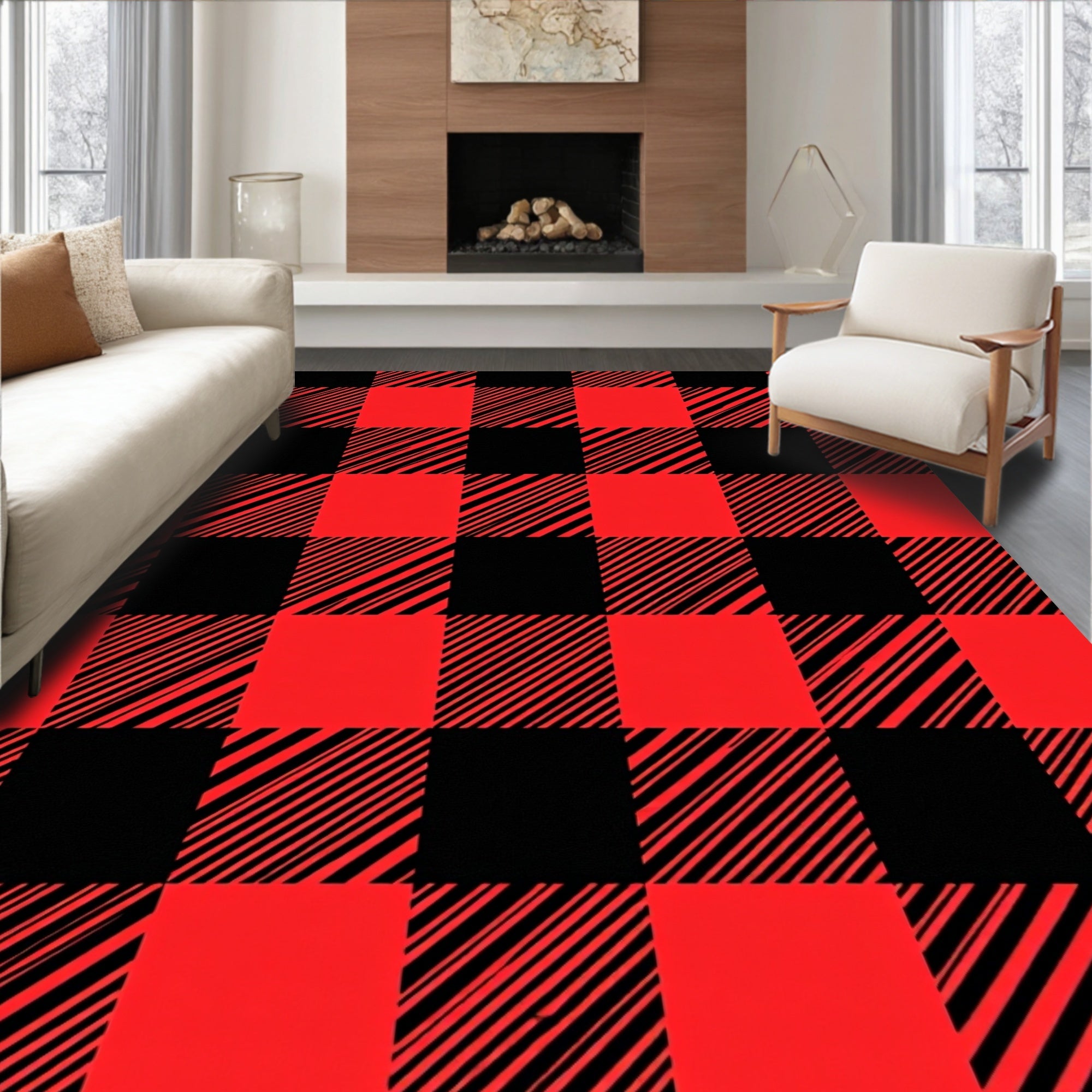 Vibrant Red Black Checkered Squares Rug