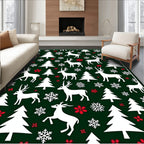 Festive Green White Reindeer Snowflakes Sprigs Rug