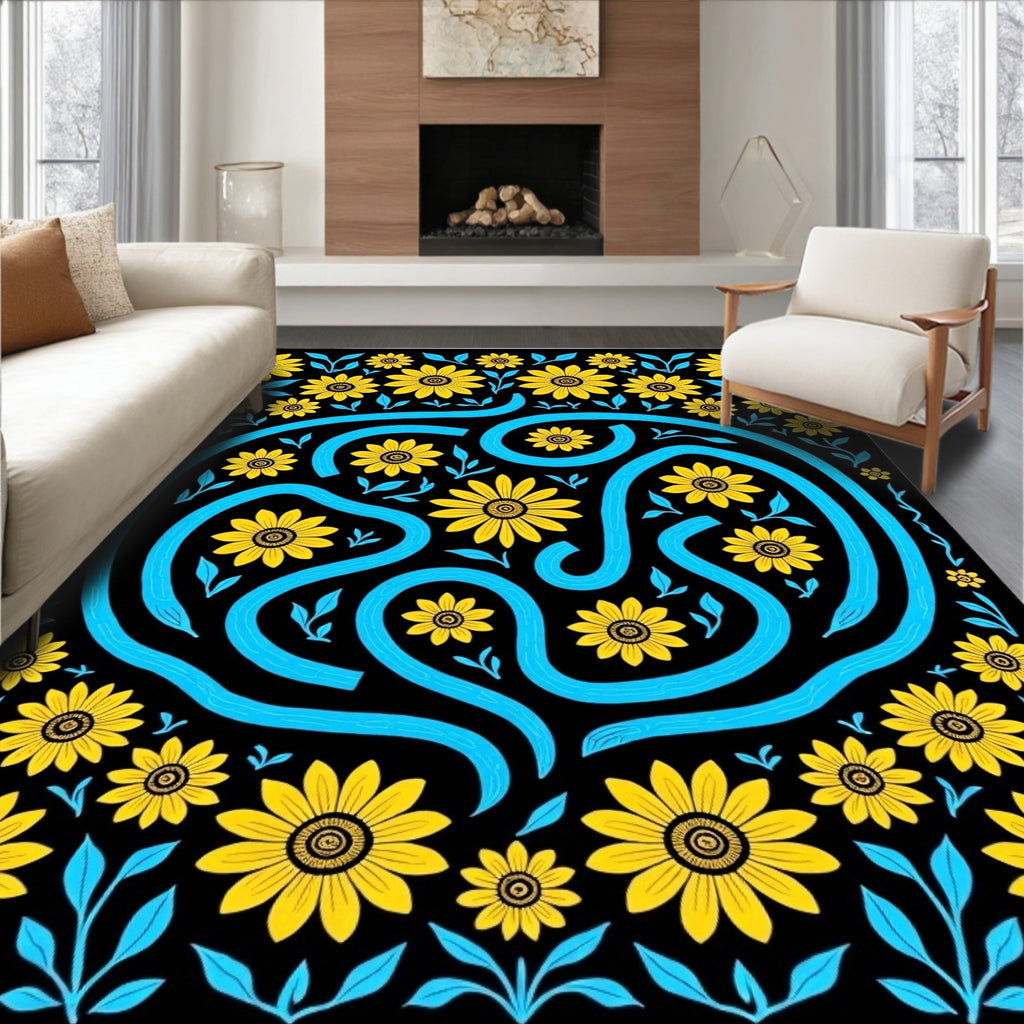 Bold Yellow Sunflower Floral Swirl Rug