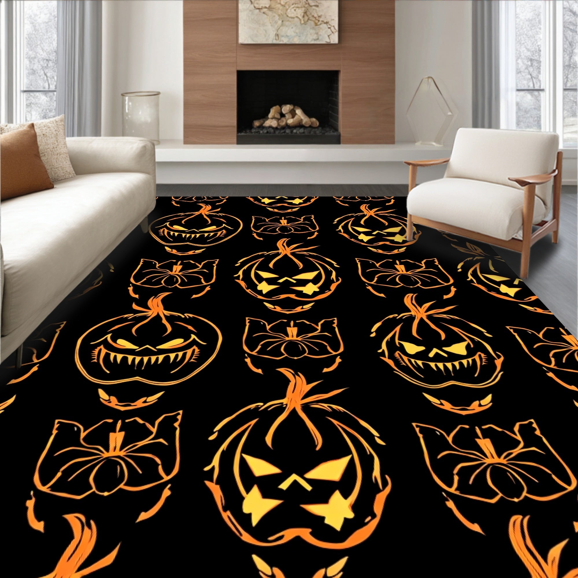 Spooky Orange Jack O Lantern Spider Rug