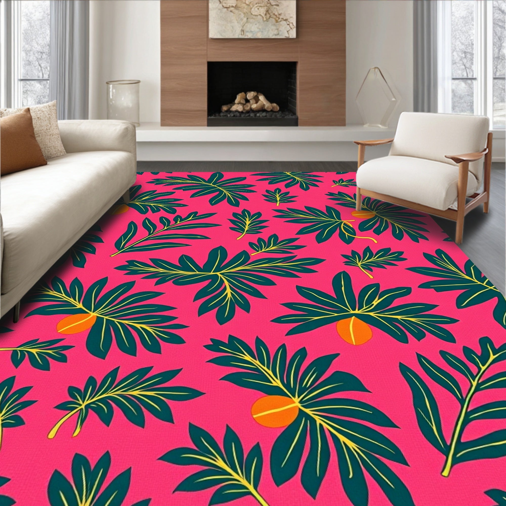 Tropical Pink Leaf Fruit Composition Rug