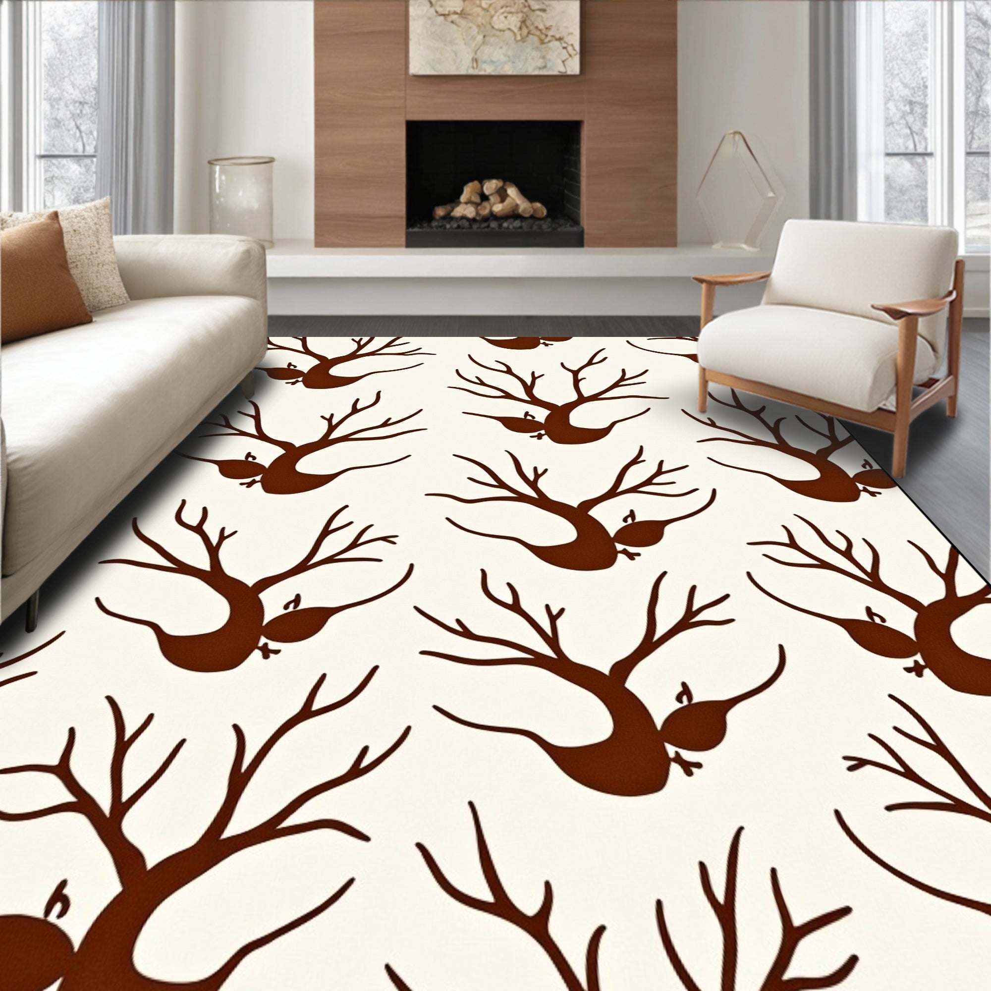 Brown bare trees on cream background Rug