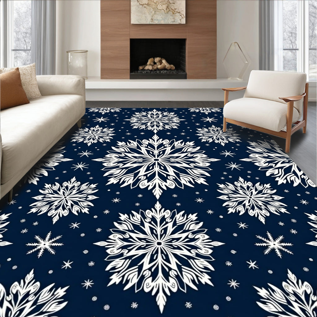 Classic White Snowflake Winter Navy Rug