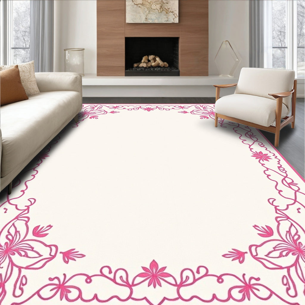 Bright Pink Floral Corner Border Rug