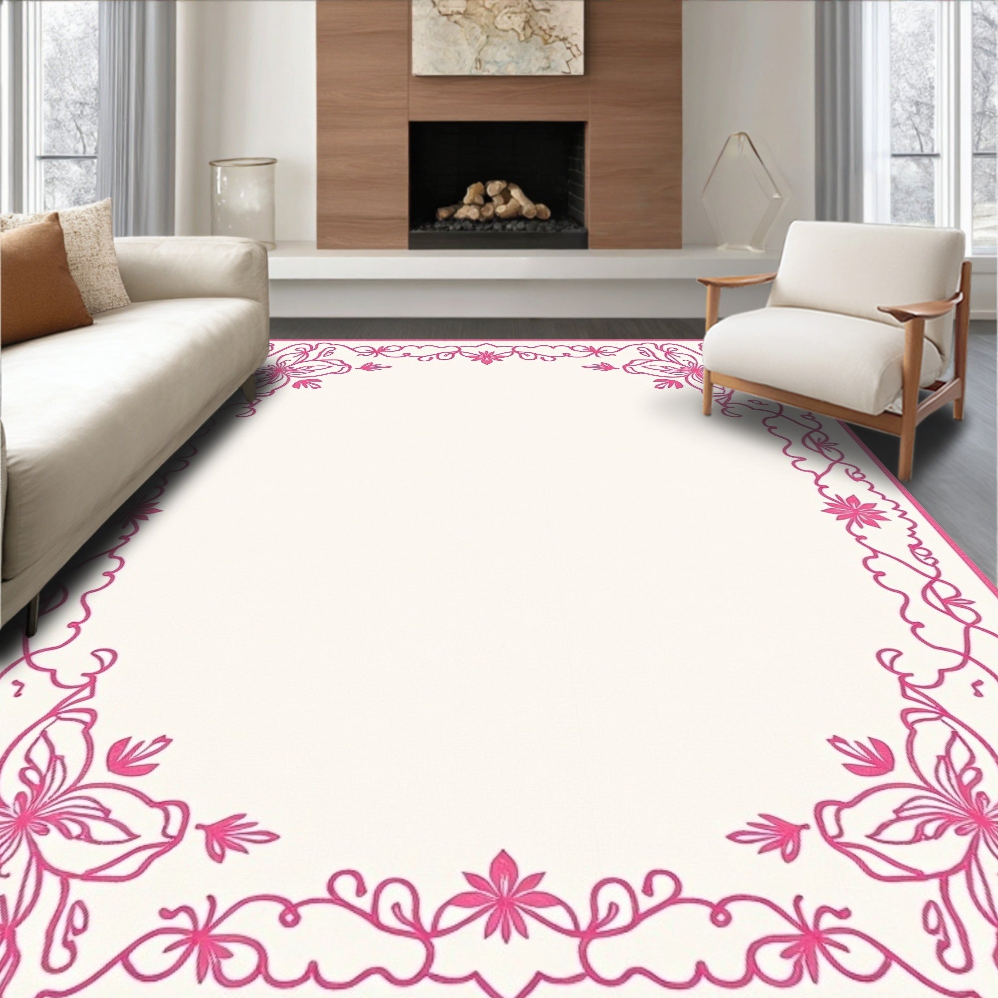 Bright Pink Floral Corner Border Rug