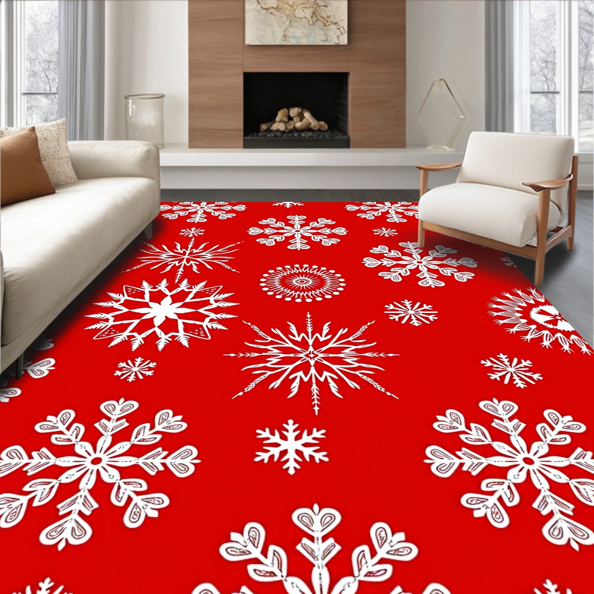 Crimson White Snowflake Collection Rug