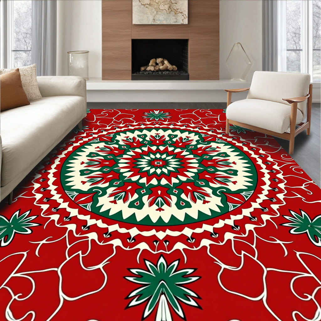 Crimson Green Floral Medallion Swirls Rug