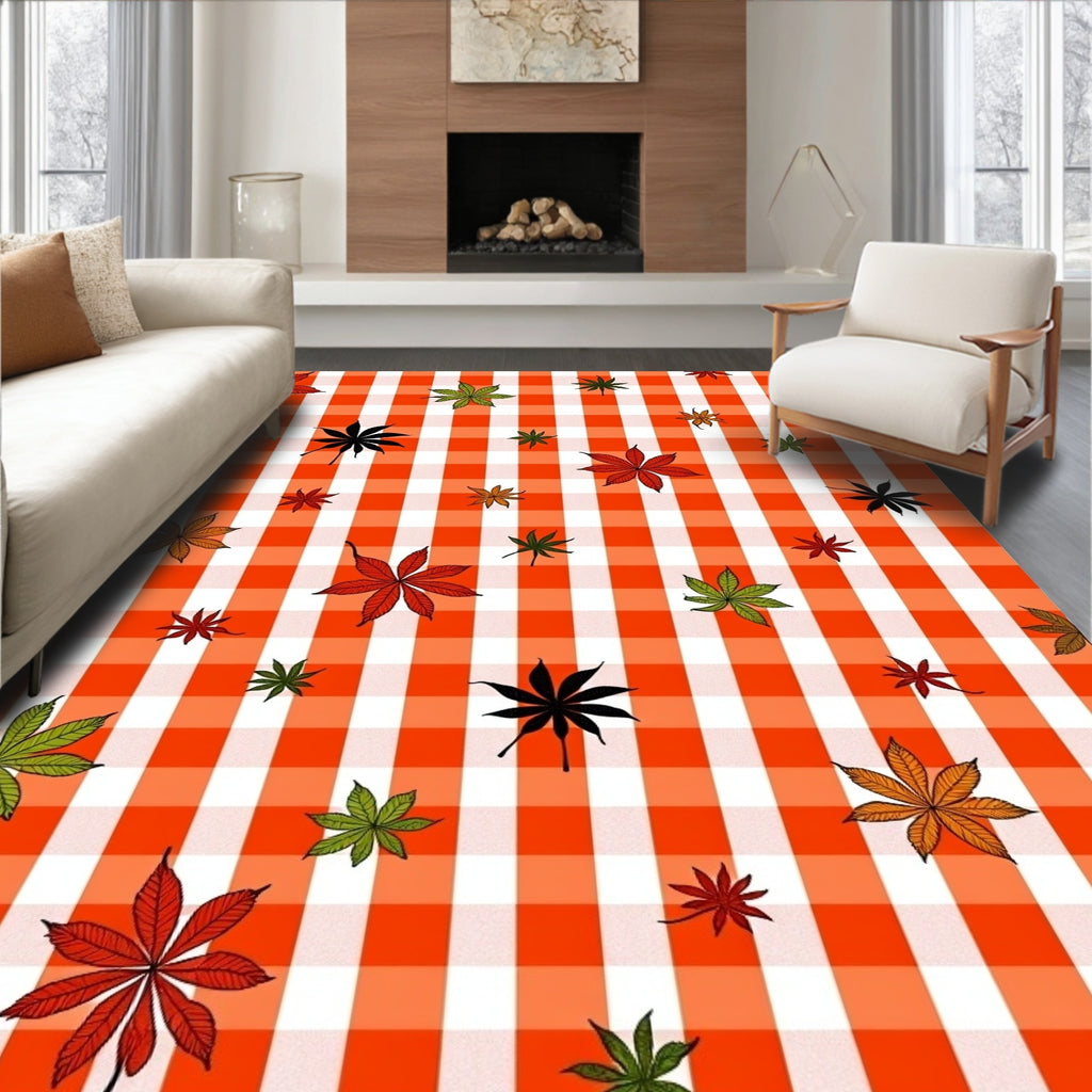 Orange White Gingham Maple Leaf Scatter Rug