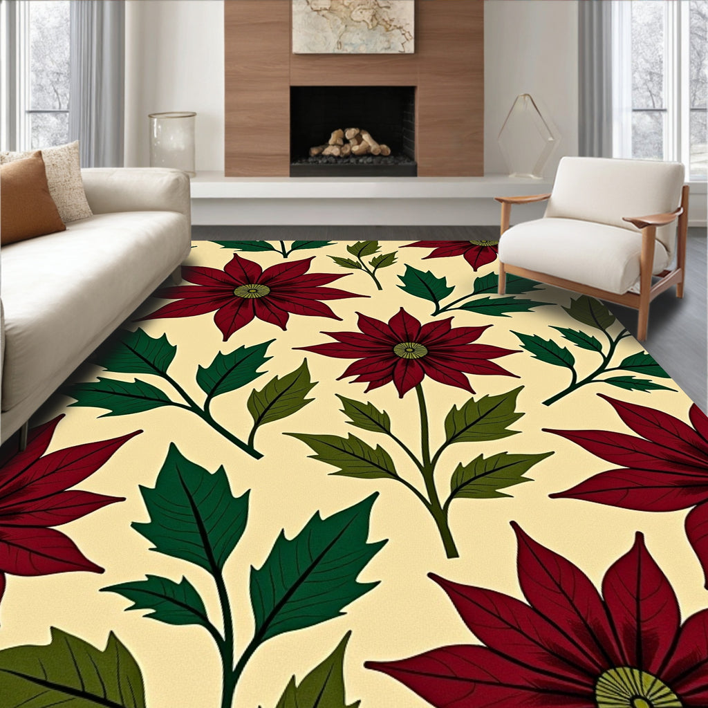Deep Red Poinsettia Floral Vine Rug