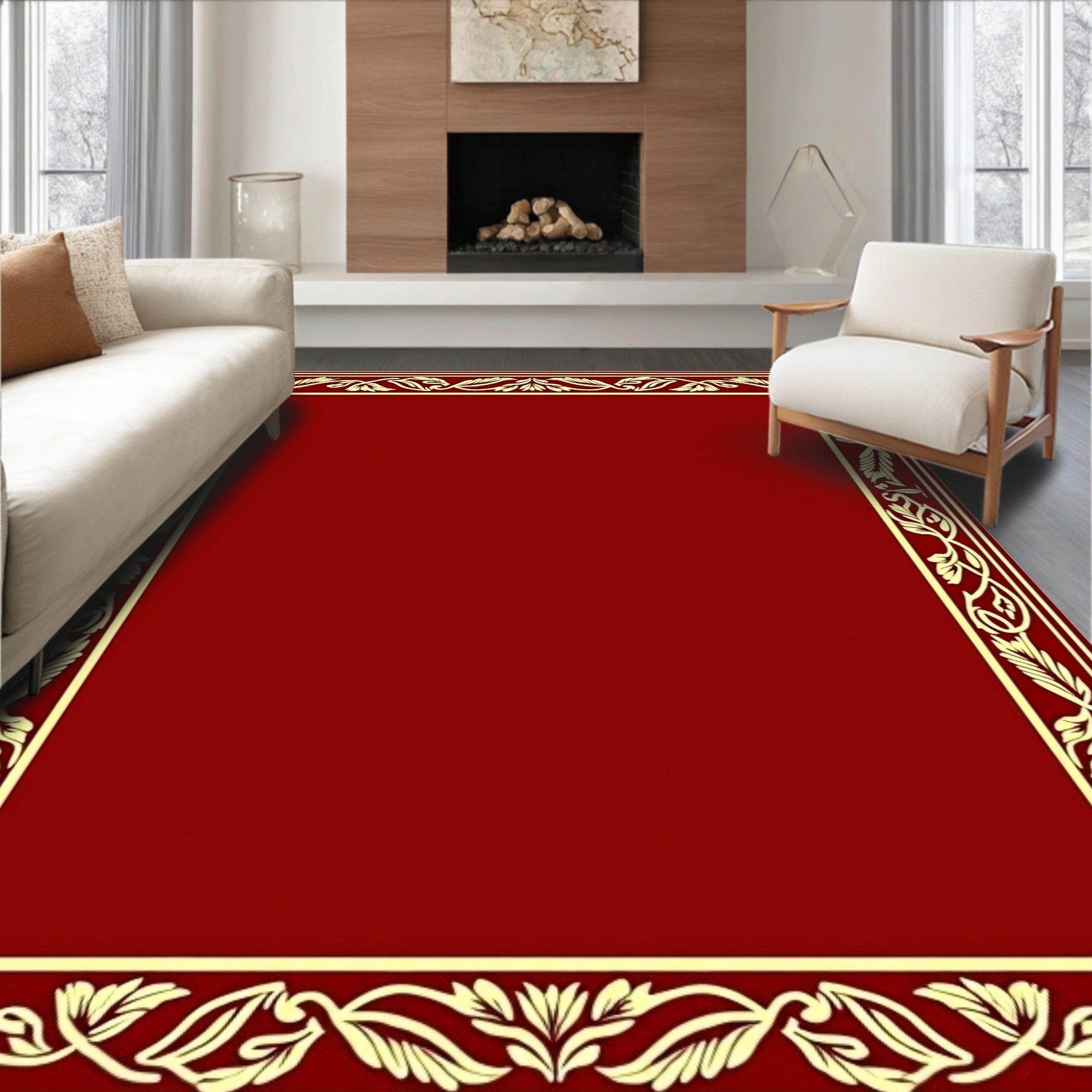 Crimson Red Floral Border Rug