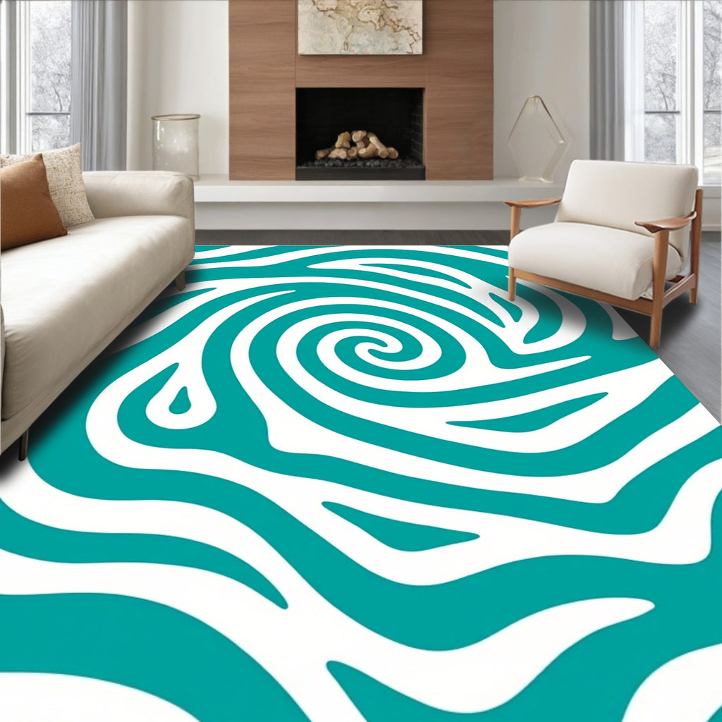Teal Abstract Swirl White Stripe Rug