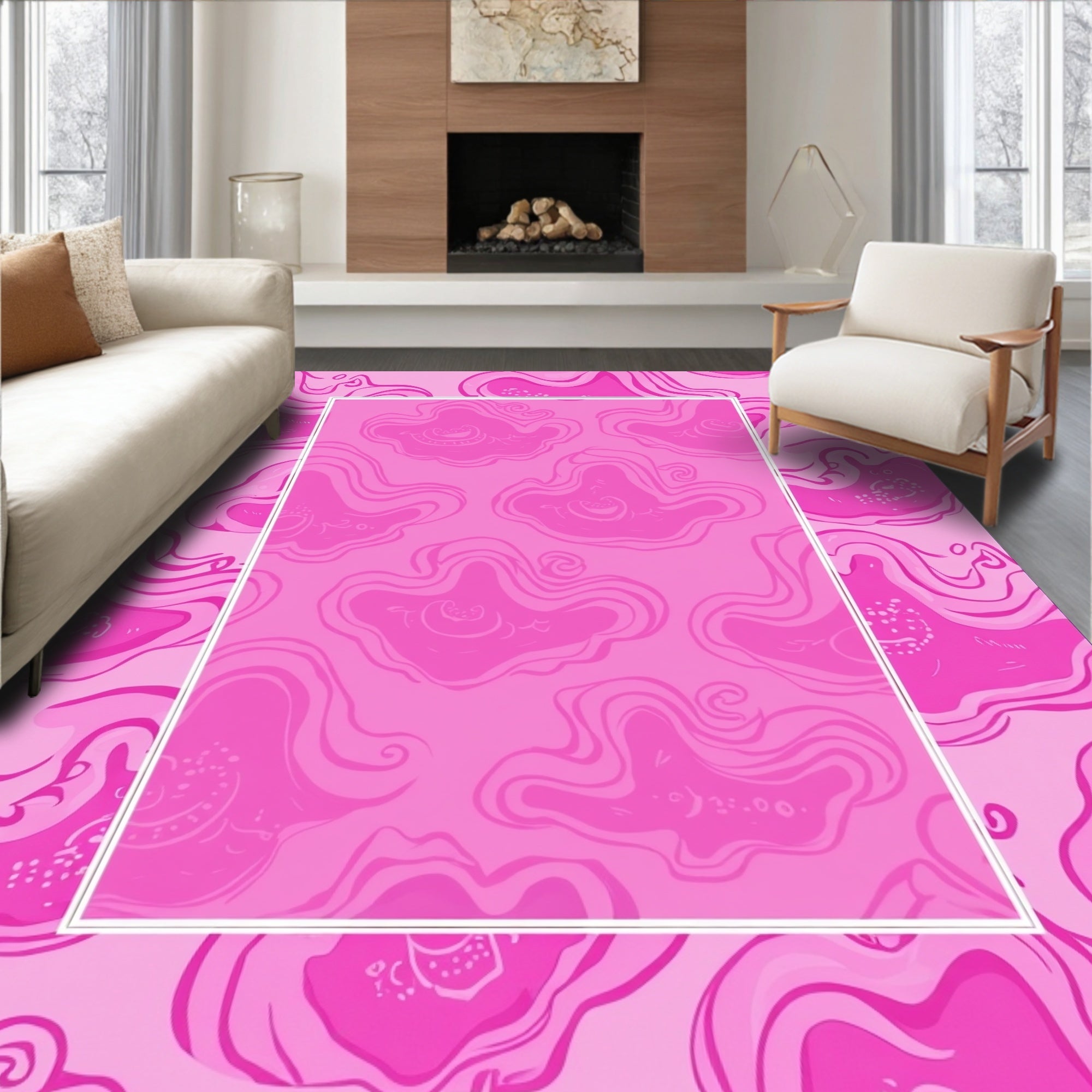 Vibrant Pink Amorphous Organic Waves Rug