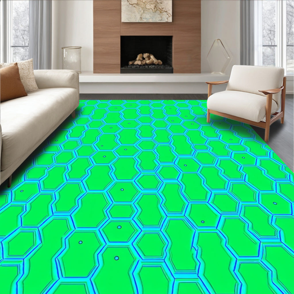 Vibrant Green Hexagonal Geometric Field Rug