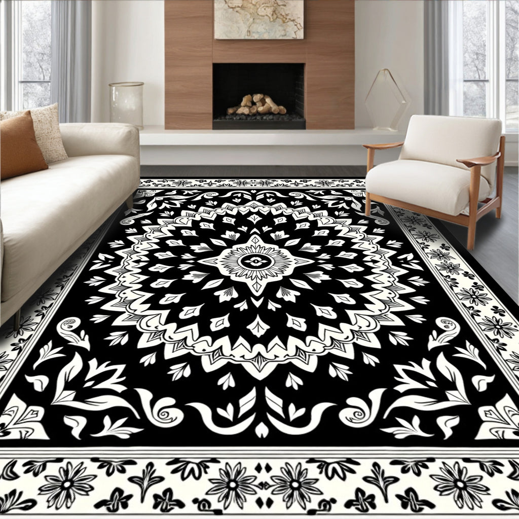 Black White Floral Medallion Border Rug