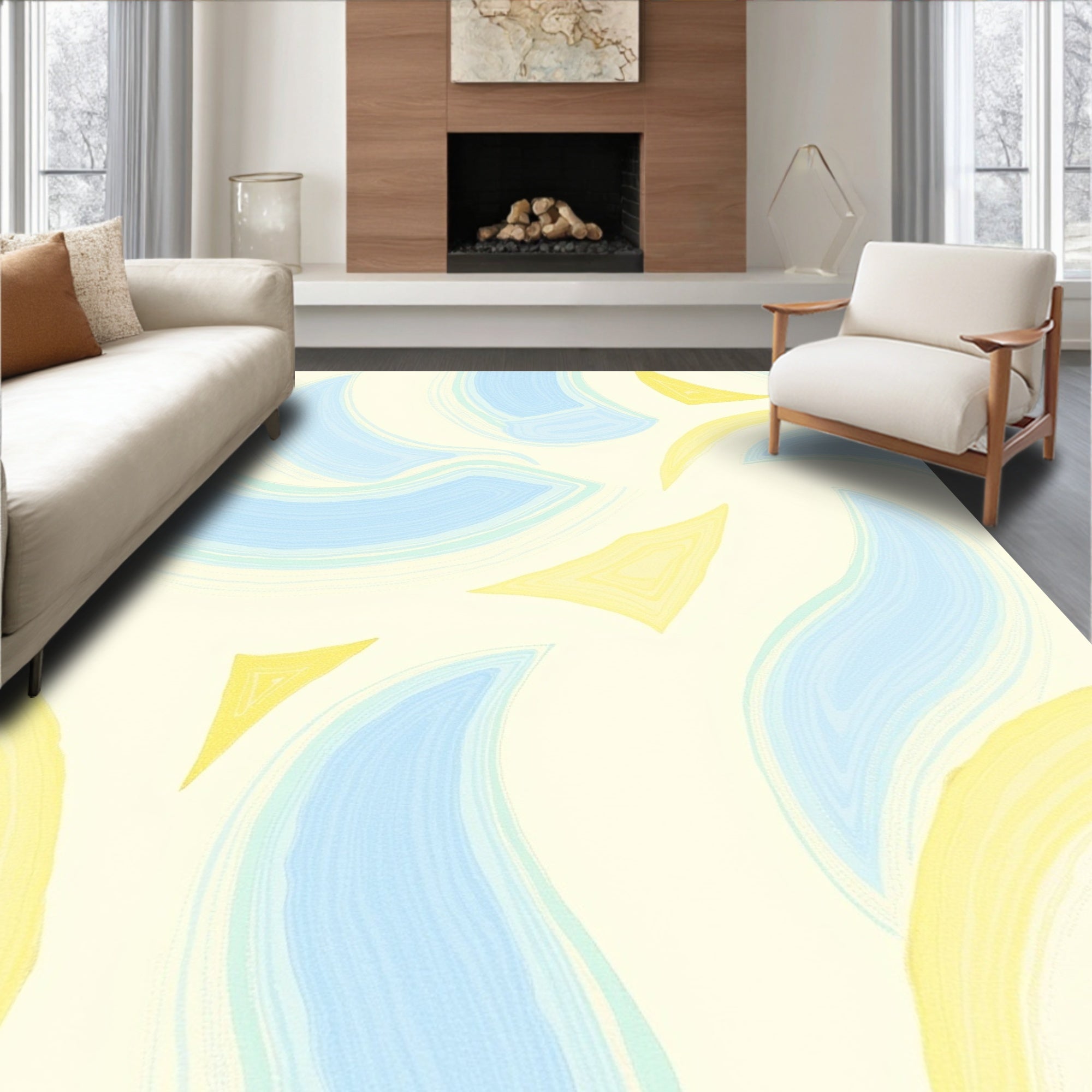 Soft Blue Yellow Swirl Abstract Rug