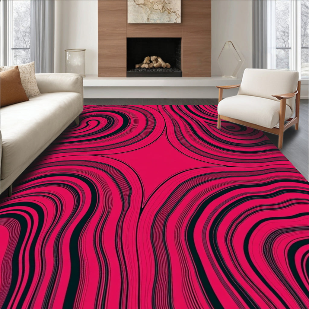 Vibrant Pink Black Swirl Lines Rug