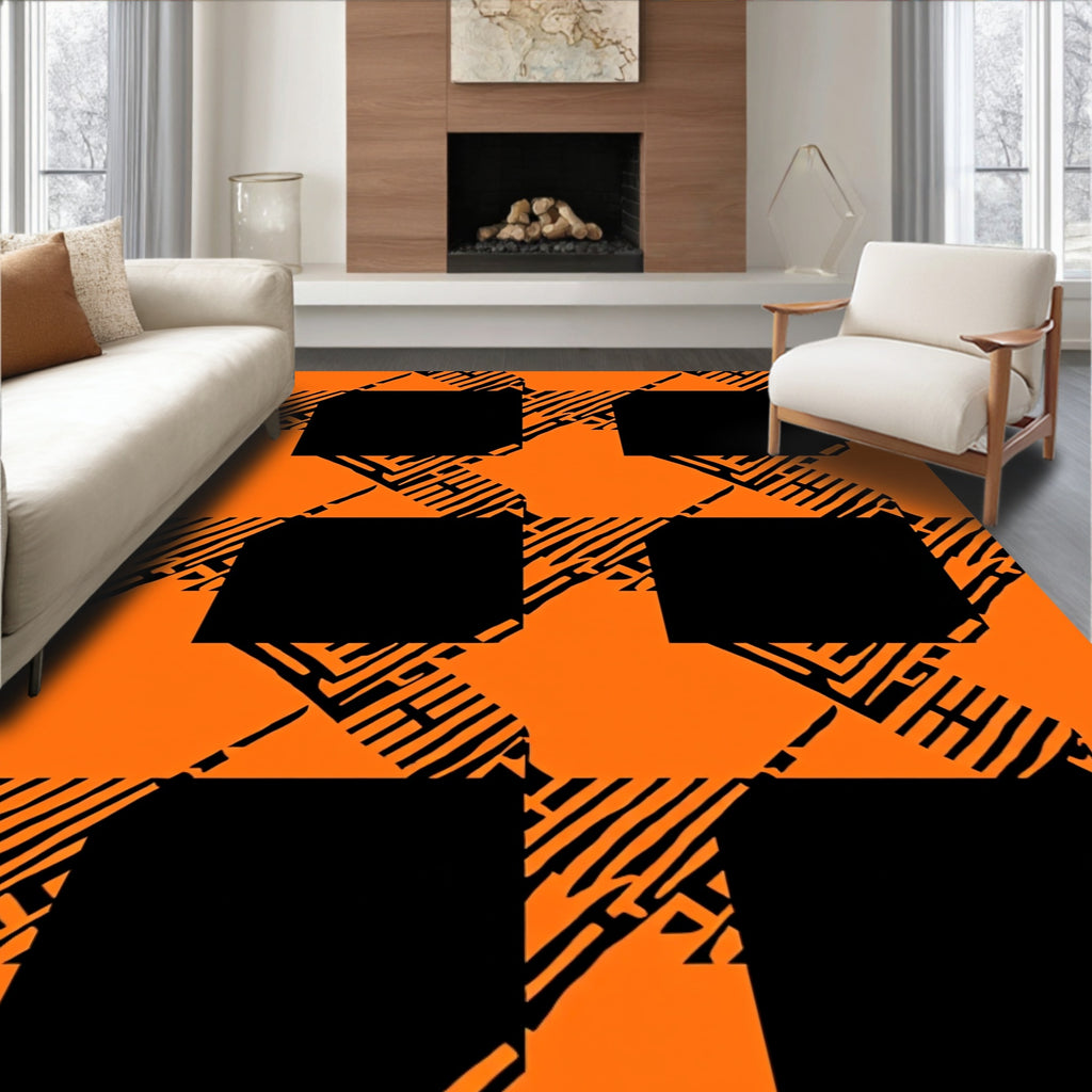 Bold Orange Black Houndstooth Squares Rug