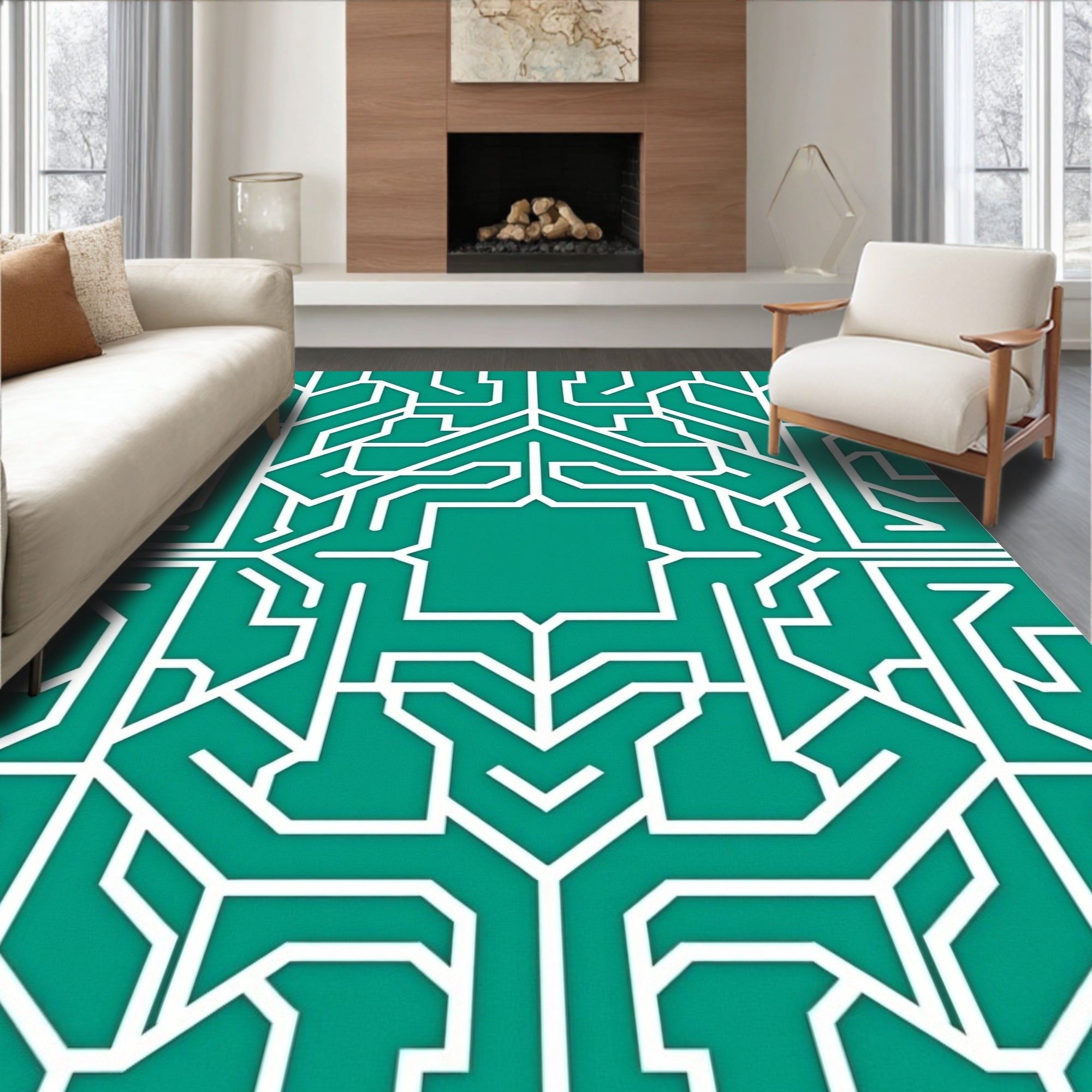 Teal White Geometric Art Deco Labyrinth Rug