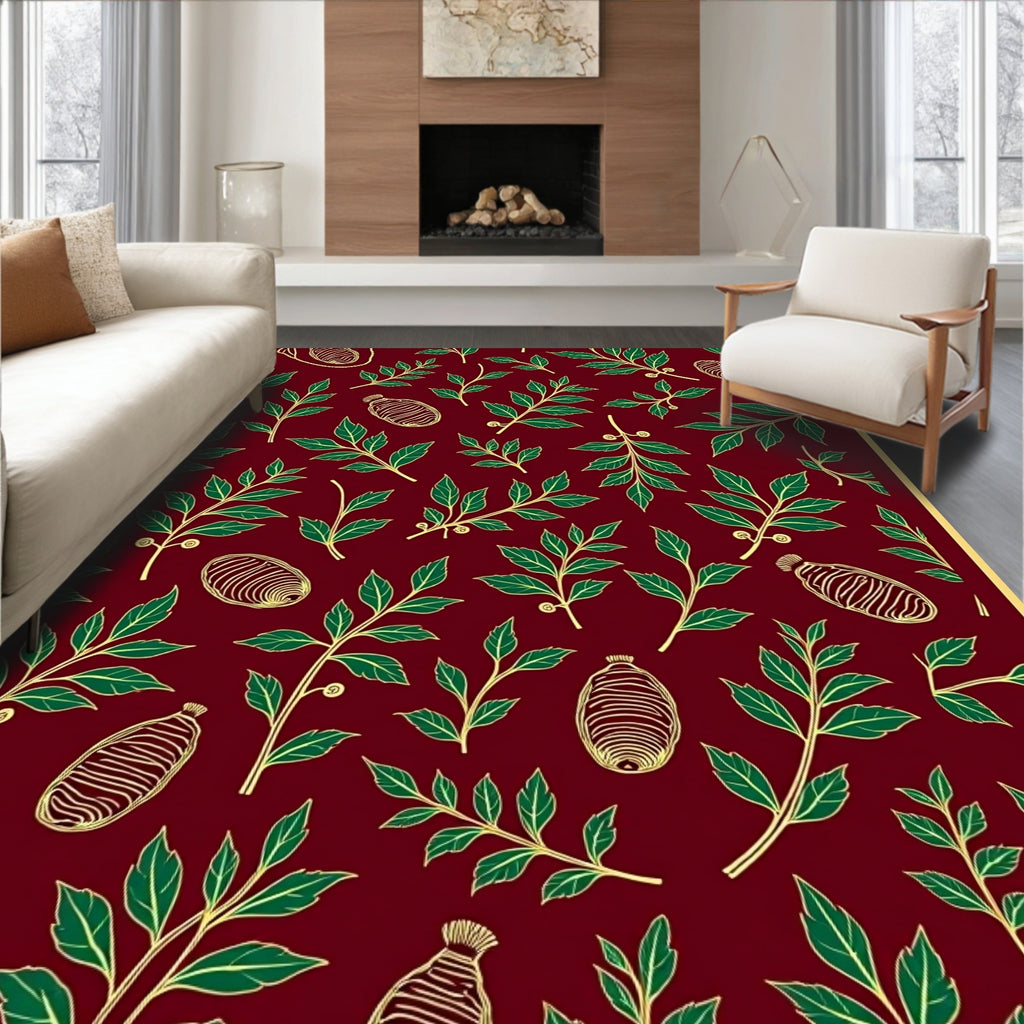 Deep Red Green Leaf Botanical Motif Rug