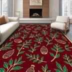 Deep Red Green Leaf Botanical Motif Rug