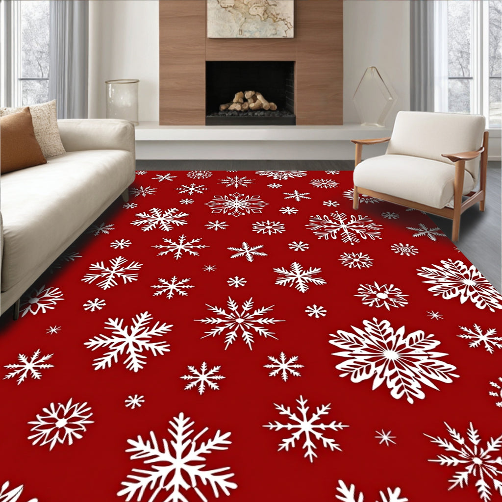 Winter White Snowflake Red Background Rug