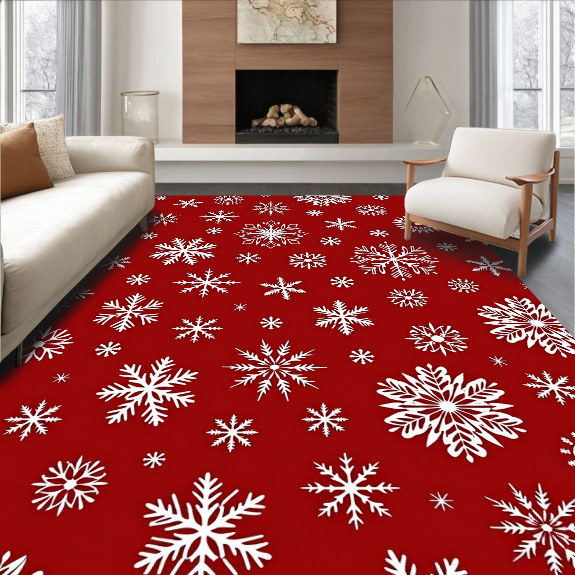 Winter White Snowflake Red Background Rug