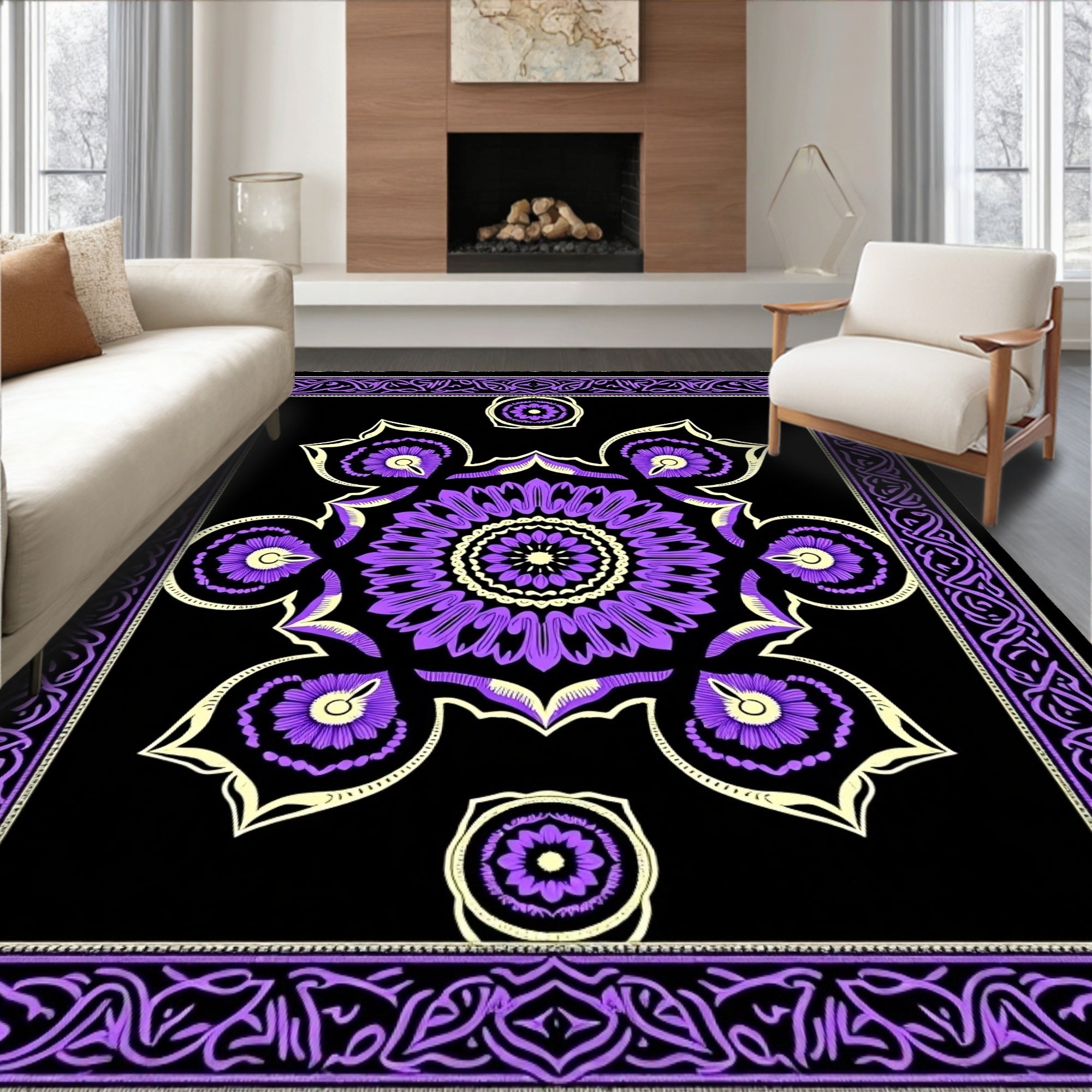 Purple Violet Floral Mandala Border Rug