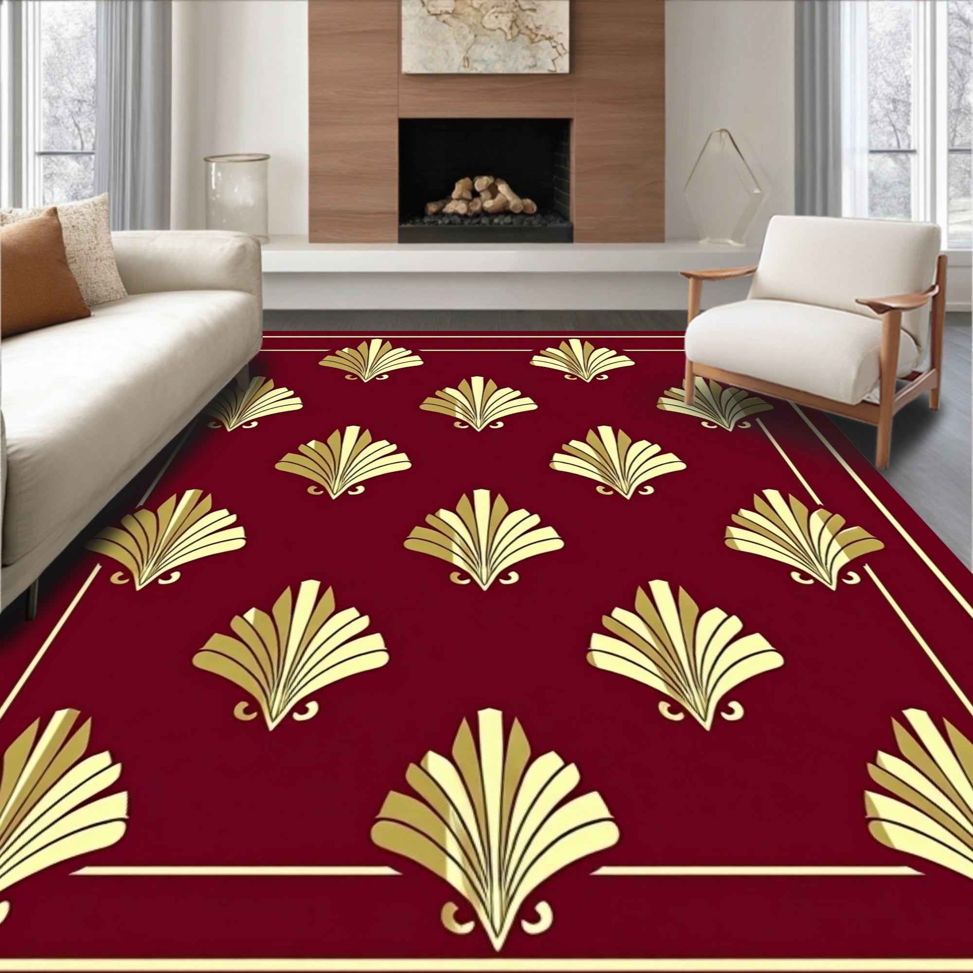Crimson Gold Fan Repeat Border Rug