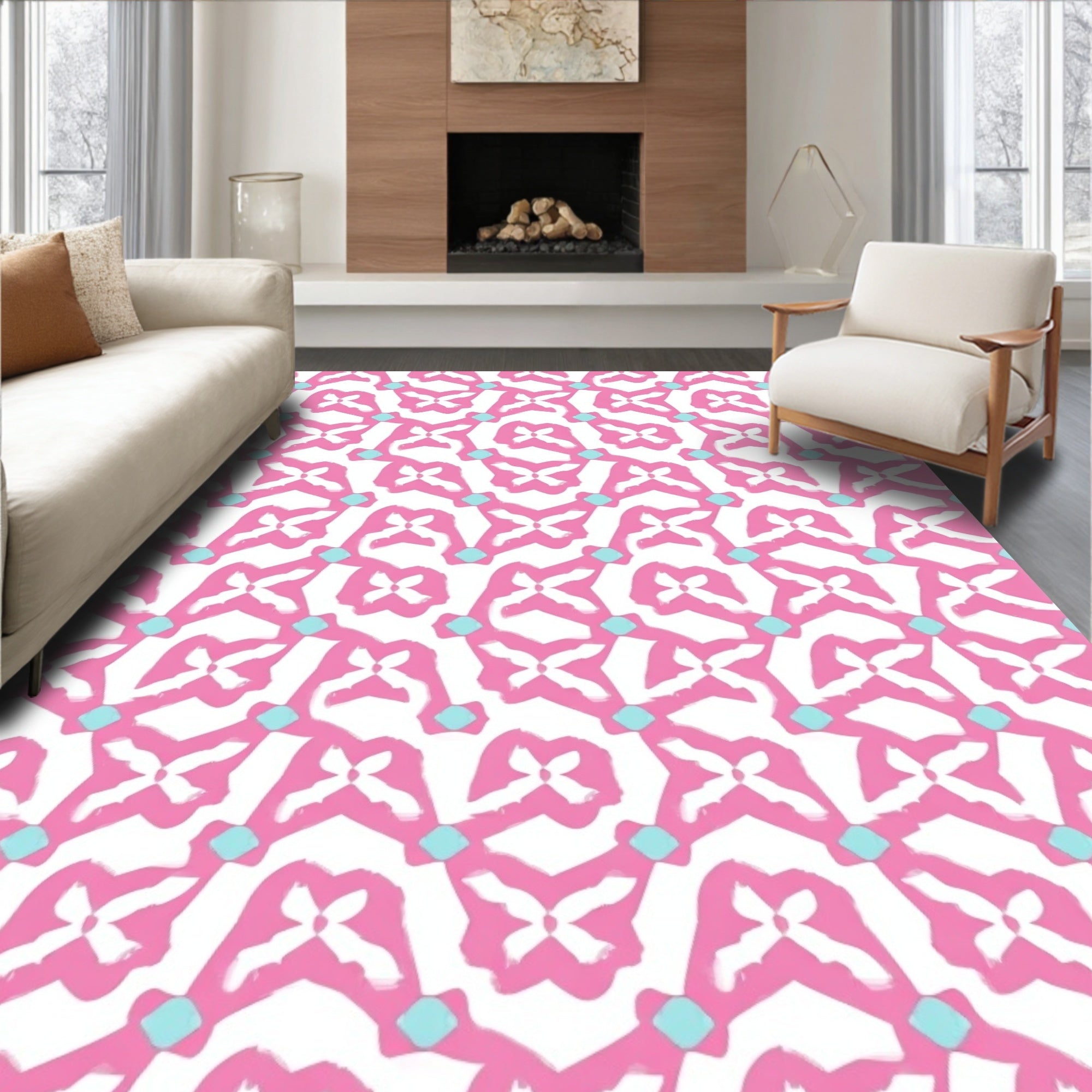 Pink Aqua Abstract Butterfly Medallion Rug