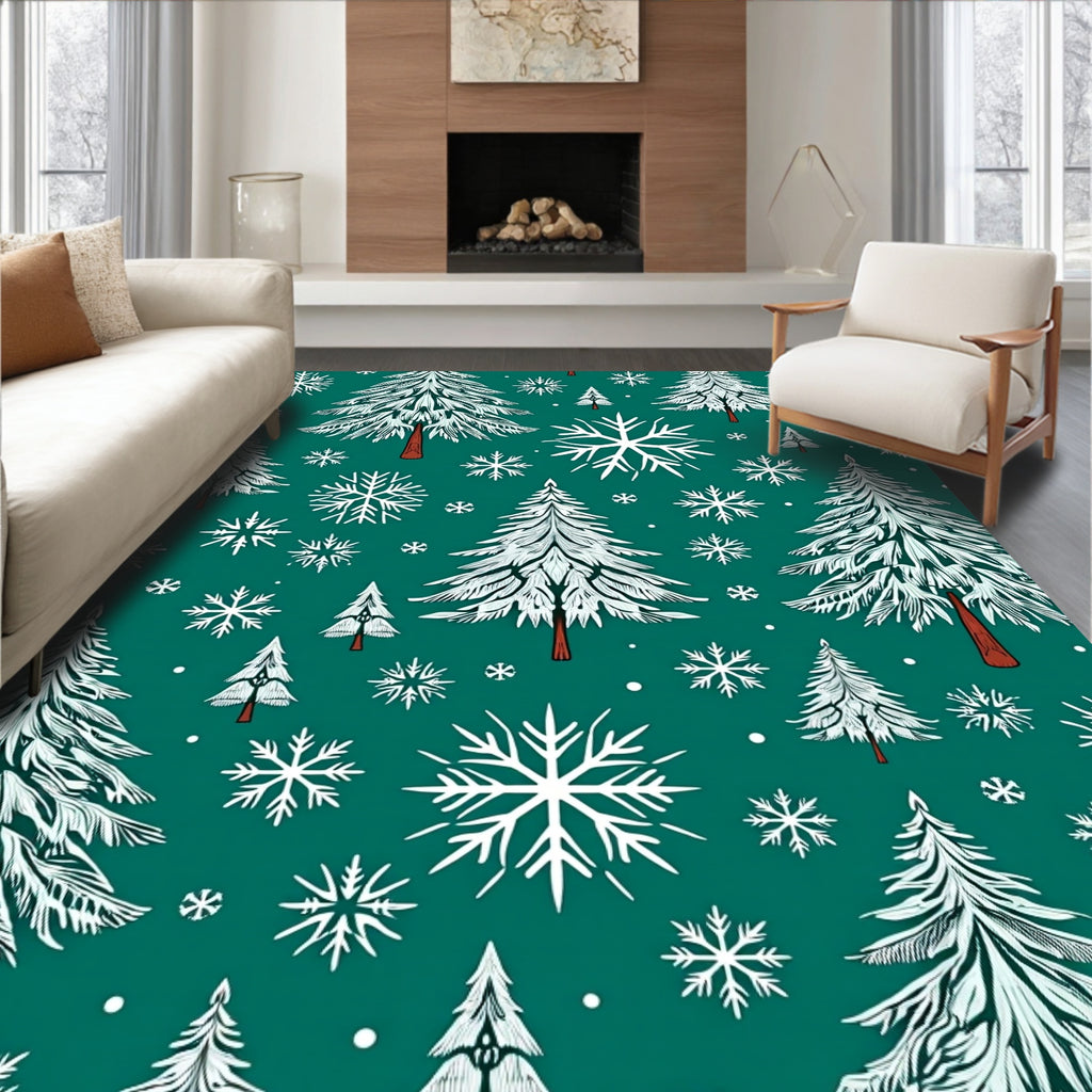 Emerald Forest Pine Snowflake Scene Rug