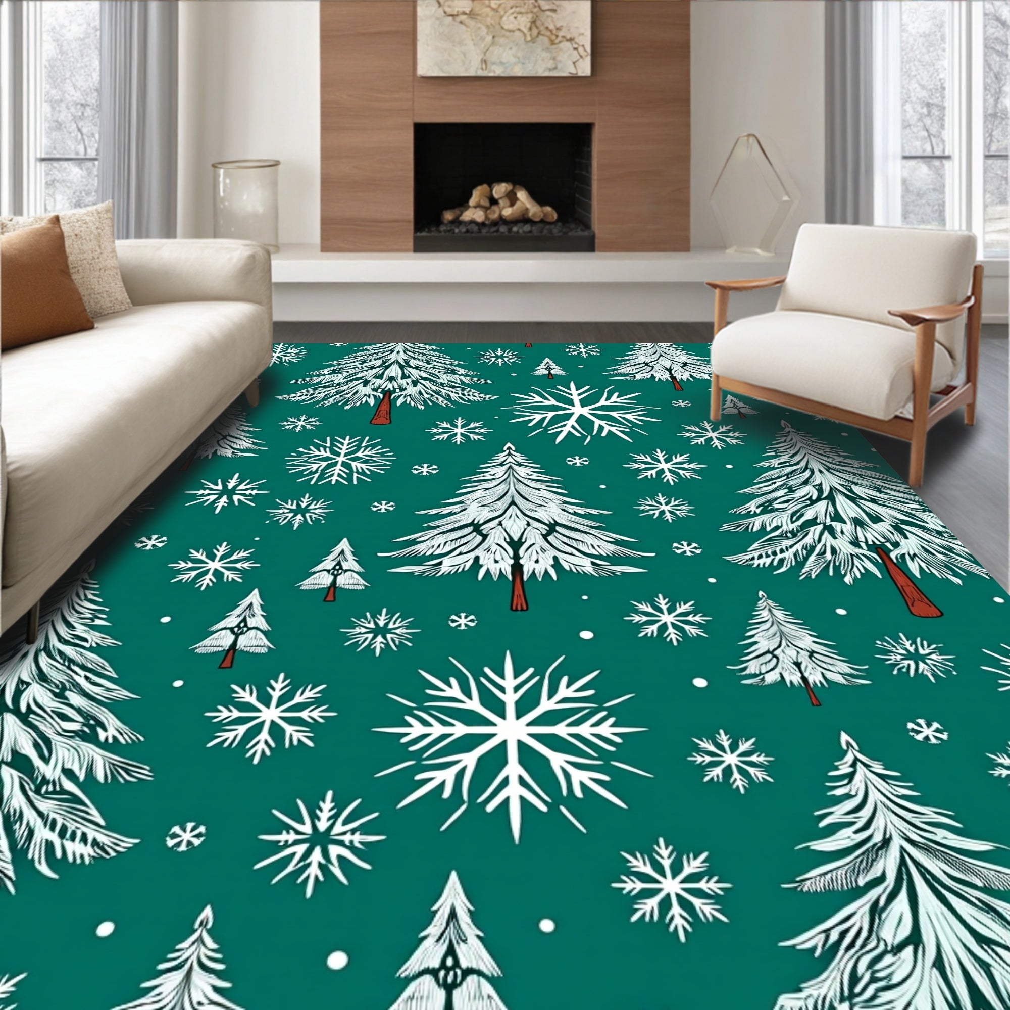 Emerald Forest Pine Snowflake Scene Rug
