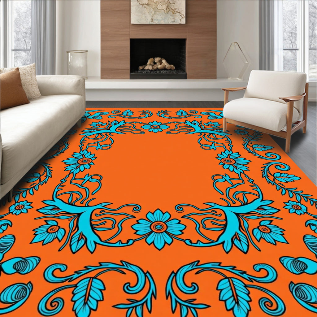 Bright Orange Teal Floral Scrollwork Rug