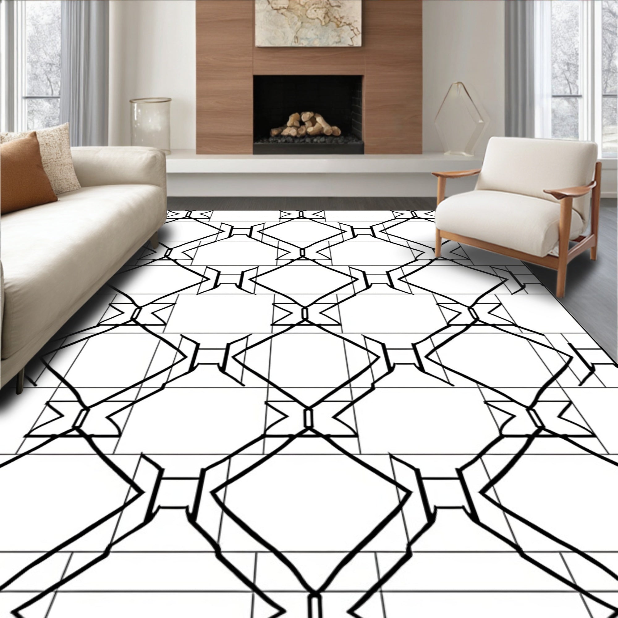 Black White Geometric Diamond Lattice Rug