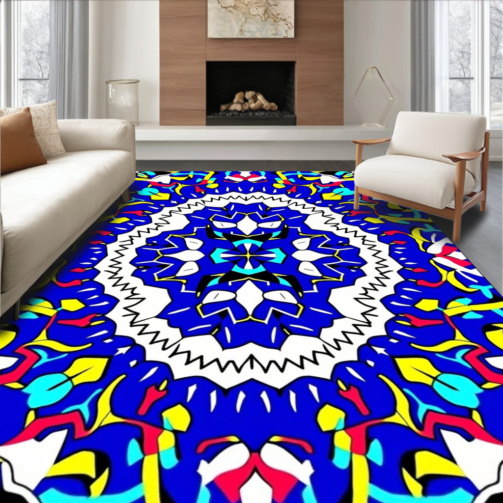 Intricate Blue Yellow Red Symmetry Rug