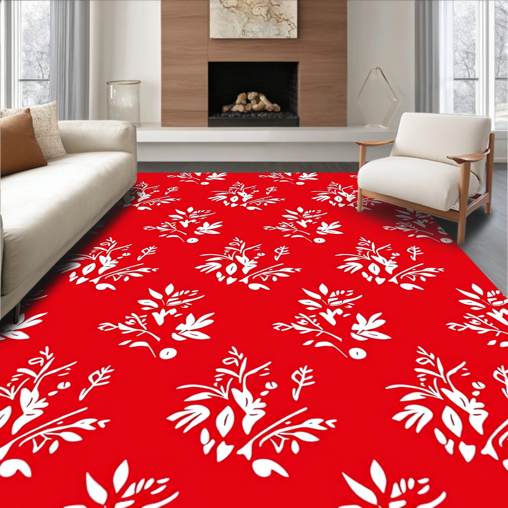 Bold Red White Floral Garland Rug
